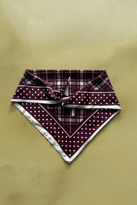 Plaid & Polka Border Triangle Silk Neckerchief Burgundy